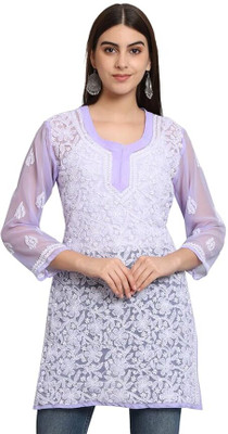 Lucknowi Chikankari Women Chikan Embroidery Straight Kurta(Purple)