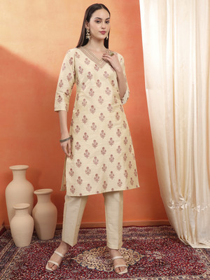 Span Women Self Design Straight Kurta(White)