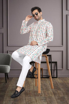 FABWAX Men Printed Straight Kurta(White)