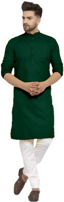 Nirvaan Men Solid High Low Kurta(Dark Green)