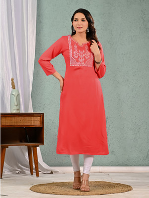 Ramkudi Women Embellished A-line Kurta(Orange)