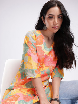 Anouk Rustic Women Floral Print Straight Kurta(Yellow)