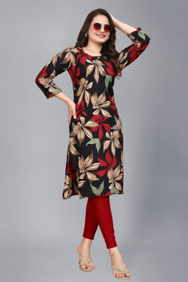 Crepe Print Straight Kurta Women Printed A-line Kurta(Black, Red)