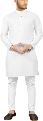 Qtsy Men Solid Flared Kurta(White)