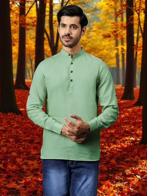 FireFish Men Solid A-line Kurta(Light Green)