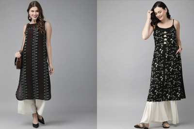 PSCHOICE Women Printed A-line Kurta(Black)