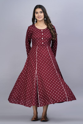 SMIEN Women Printed Flared Kurta(Maroon)