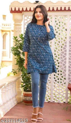 Vinod Enterprises Women Floral Print A-line Kurta(Dark Blue, White)