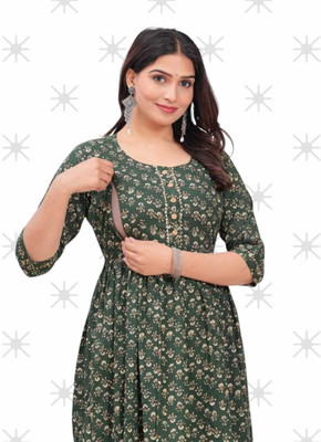 HOUSE OFF COMMON Women Printed Anarkali Kurta(Green)
