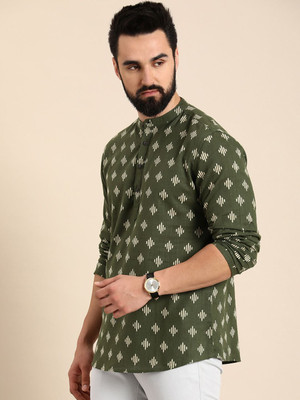 ANOUK Men Geometric Print Straight Kurta(Green)