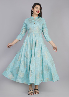 aachhoo Women Printed Flared Kurta(Light Blue)