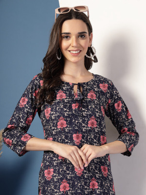 Anmi Printed Women Straight Kurta(Blue, Pink)