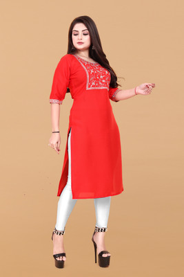 AKK Enterprise Women Embroidered Straight Kurta(Red)