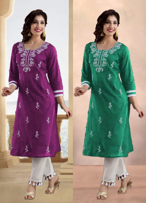 SISTO Women Chikan Embroidery A-line Kurta(Green, Purple)