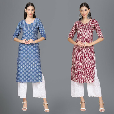 1 Stop Fashion Women Printed Straight Kurta(Blue, White, Maroon)