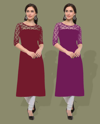 Dream Beauty Fashion Women Self Design Straight Kurta(Maroon, Pink)