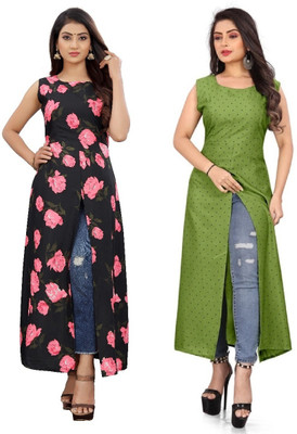 Hiral Creation Women Floral Print Frontslit Kurta(Green)