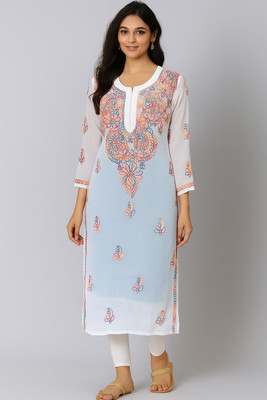 Neelam Chikan Women Chikan Embroidery Straight Kurta(White, Multicolor)