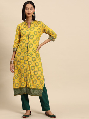 all about you Women Printed Straight Kurta(Yellow)
