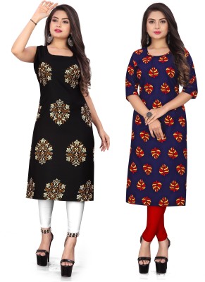 maruti fab Women Floral Print Straight Kurta(Black, Blue)