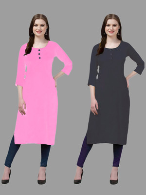 HOFC Women Solid Straight Kurta(Pink, Grey)
