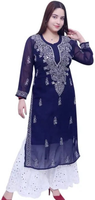 Chikankari by zainab Women Embroidered A-line Kurta(Blue)