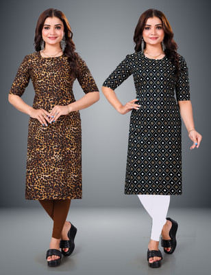 MOBHISA Women Printed Straight Kurta(Black)