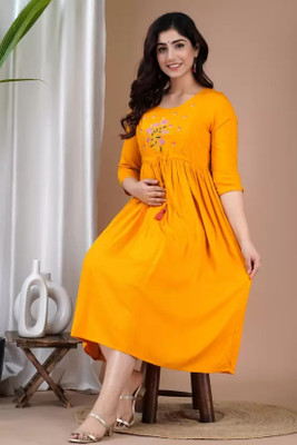 Priyas Creation Women Printed Flared Kurta(Yellow)