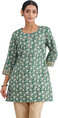 Fabindia Women Printed Straight Kurta(Green)