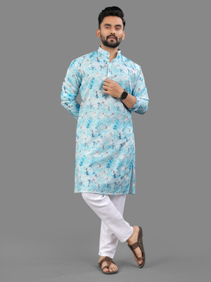 Divastri Men Printed Straight Kurta(Blue)