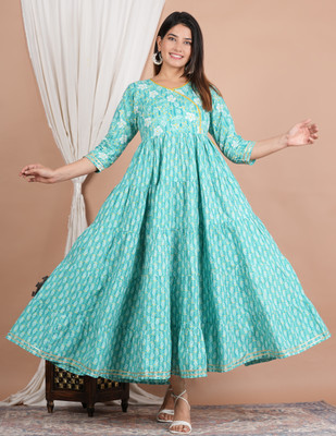 Navkriti Jaipur Women Floral Print Anarkali Kurta(Light Blue)