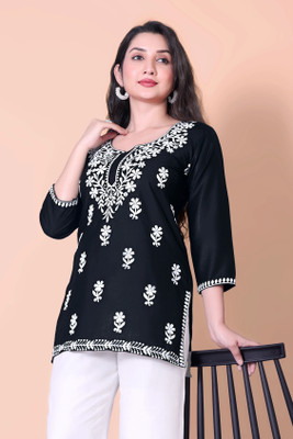 BNCOLLECTION Women Chikan Embroidery A-line Kurta(Black)