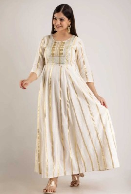 Yuvaa Women Striped, Embroidered Anarkali Kurta(Gold, White)