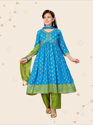 Kidotsav Girls Embroidered A-line Kurta(Blue)