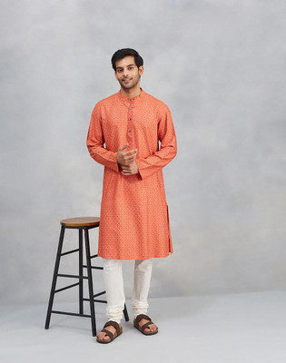 Fabindia Men Printed, Self Design Straight Kurta(Orange)