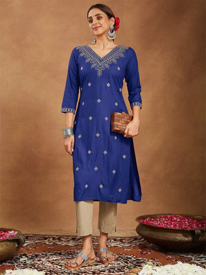 Janasya Women Embroidered Straight Kurta(Dark Blue)