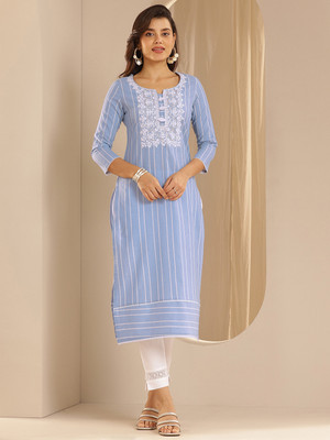 LIBAS Women Striped Straight Kurta(Light Blue)
