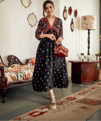 ZORA FAB Women Printed Flared Kurta(Black)