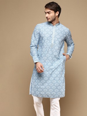 Sanwara Men Chikan Embroidery Straight Kurta(Blue)