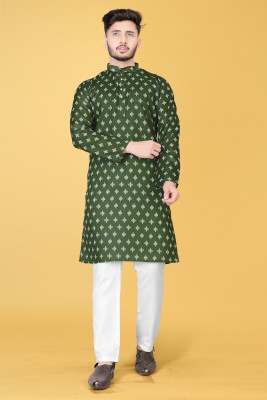 FRELURO Men Printed Straight Kurta(Green)