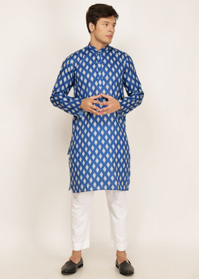 LABELZERO Men Printed A-line Kurta(Dark Blue, Grey, White)