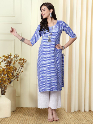 EthnicBasket Women Printed Straight Kurta(Blue)