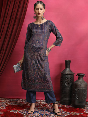 Vishudh Women Printed Straight Kurta(Purple)