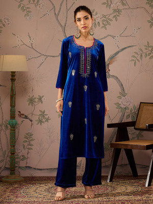 Shae by SASSAFRAS Women Embroidered Straight Kurta(Blue)