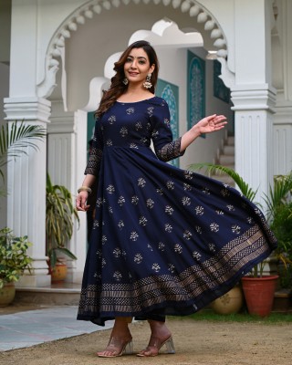 INDI INSIDE Women Block Print Anarkali Kurta(Dark Blue)