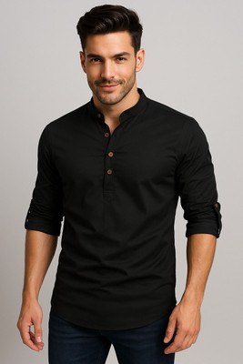 PRIMEICON Men Solid Straight Kurta(Black)