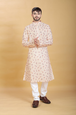 VISHESTA Men Printed Straight Kurta(Pink)