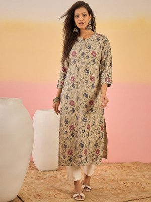 Sangria Women Floral Print, Printed A-line Kurta(Beige)