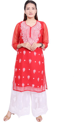 ADR CHIKAN Women Embroidered Straight Kurta(Red)