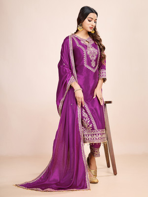 AMALAK Women Embroidered A-line Kurta(Purple)